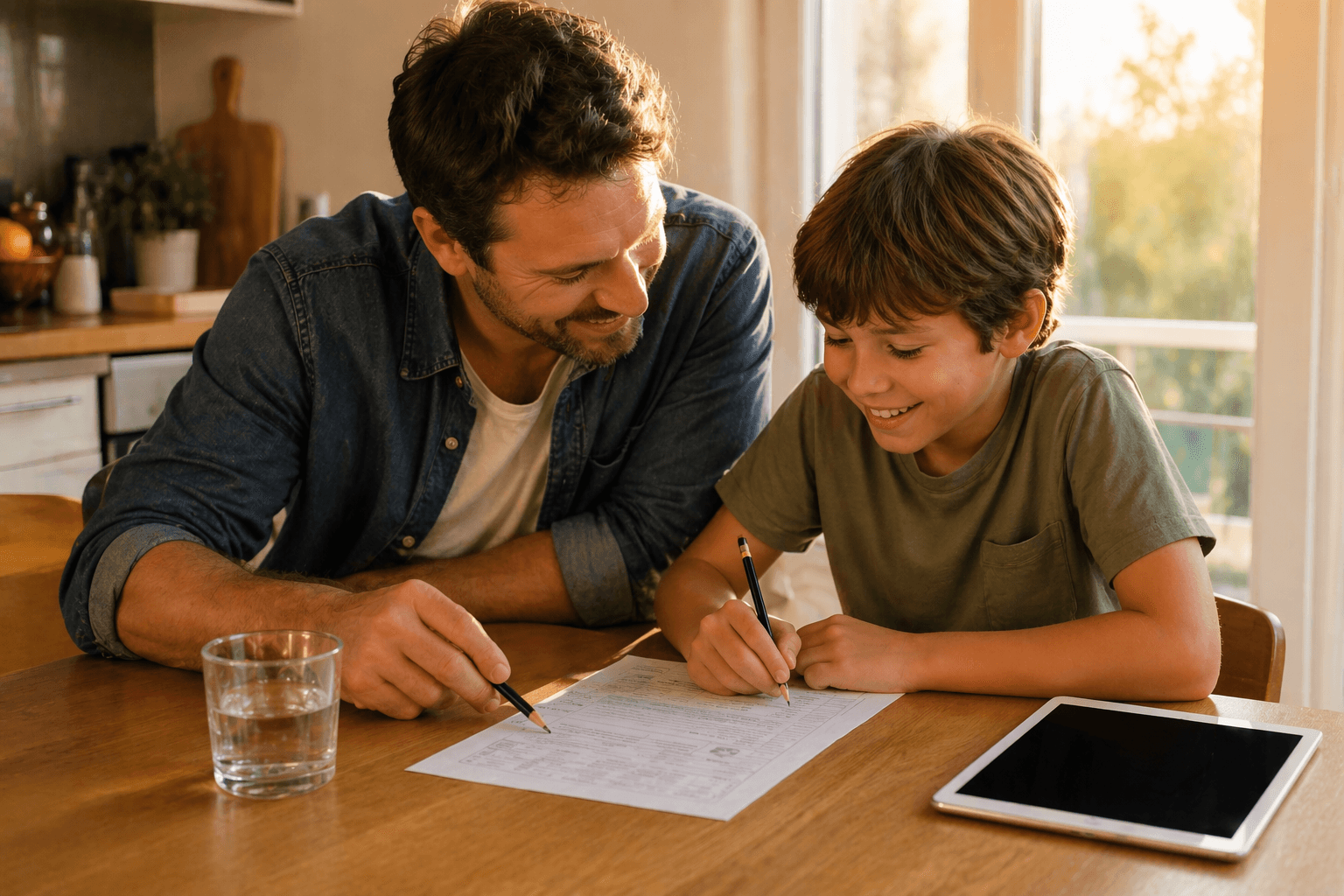 Un parent et son enfant font un exercice ensemble à la maison
